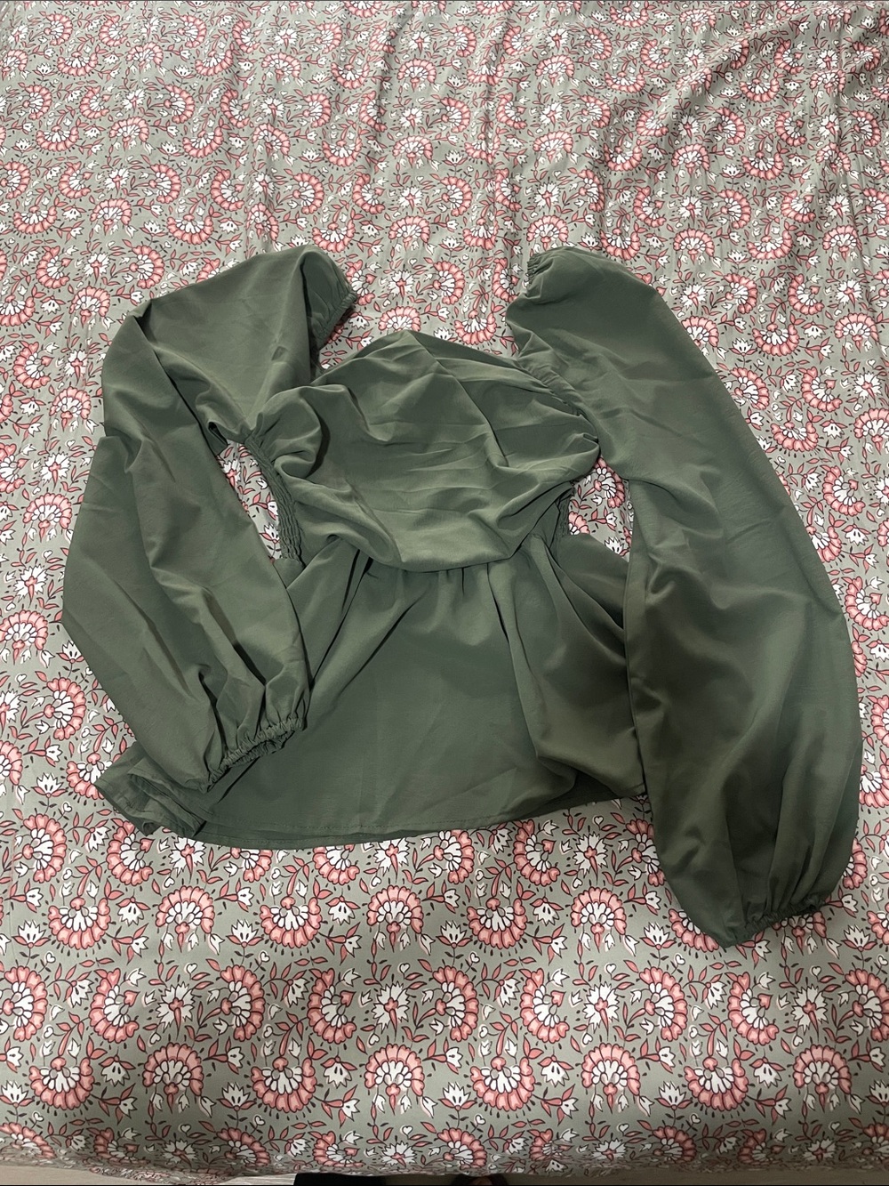 SHEIN Olive Green Balloon Sleeve Peplum Blouse